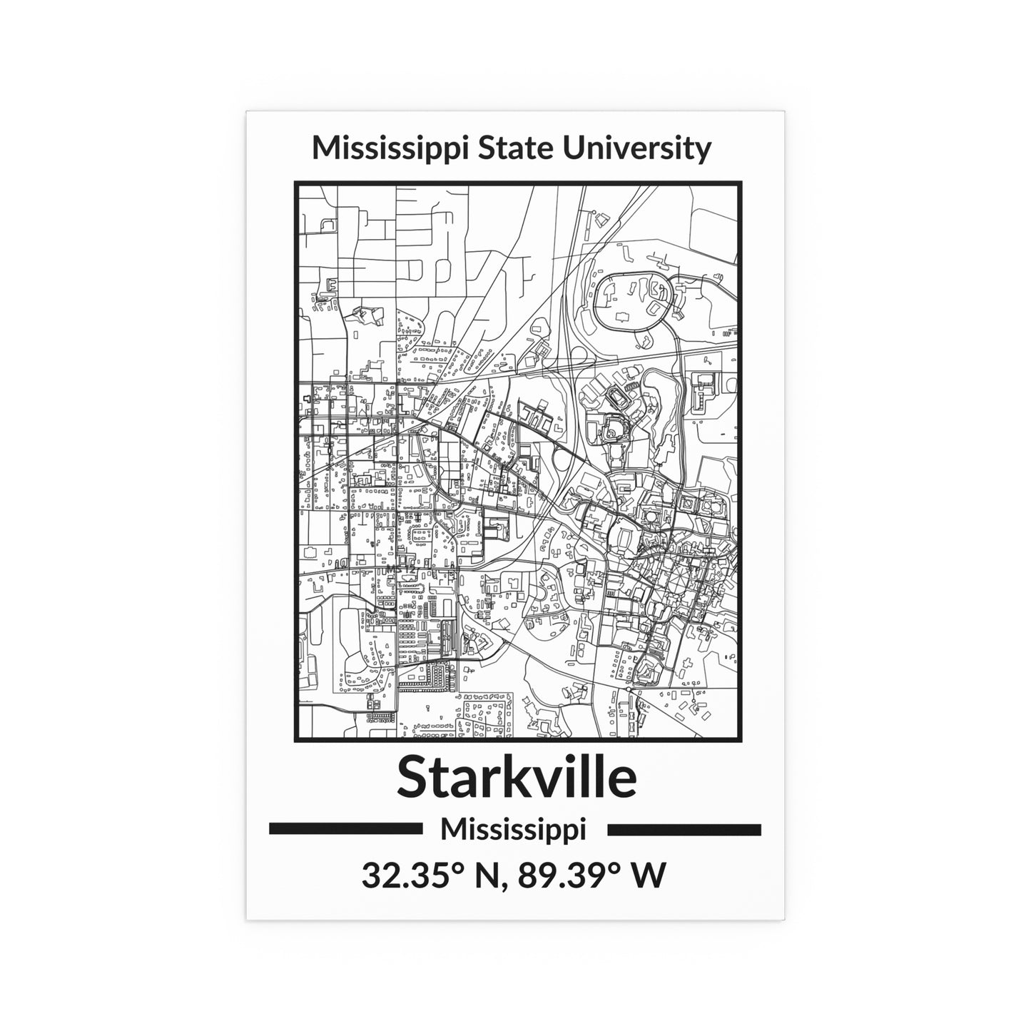 Map of Starkville, Mississippi Poster no Frame (Black and White)