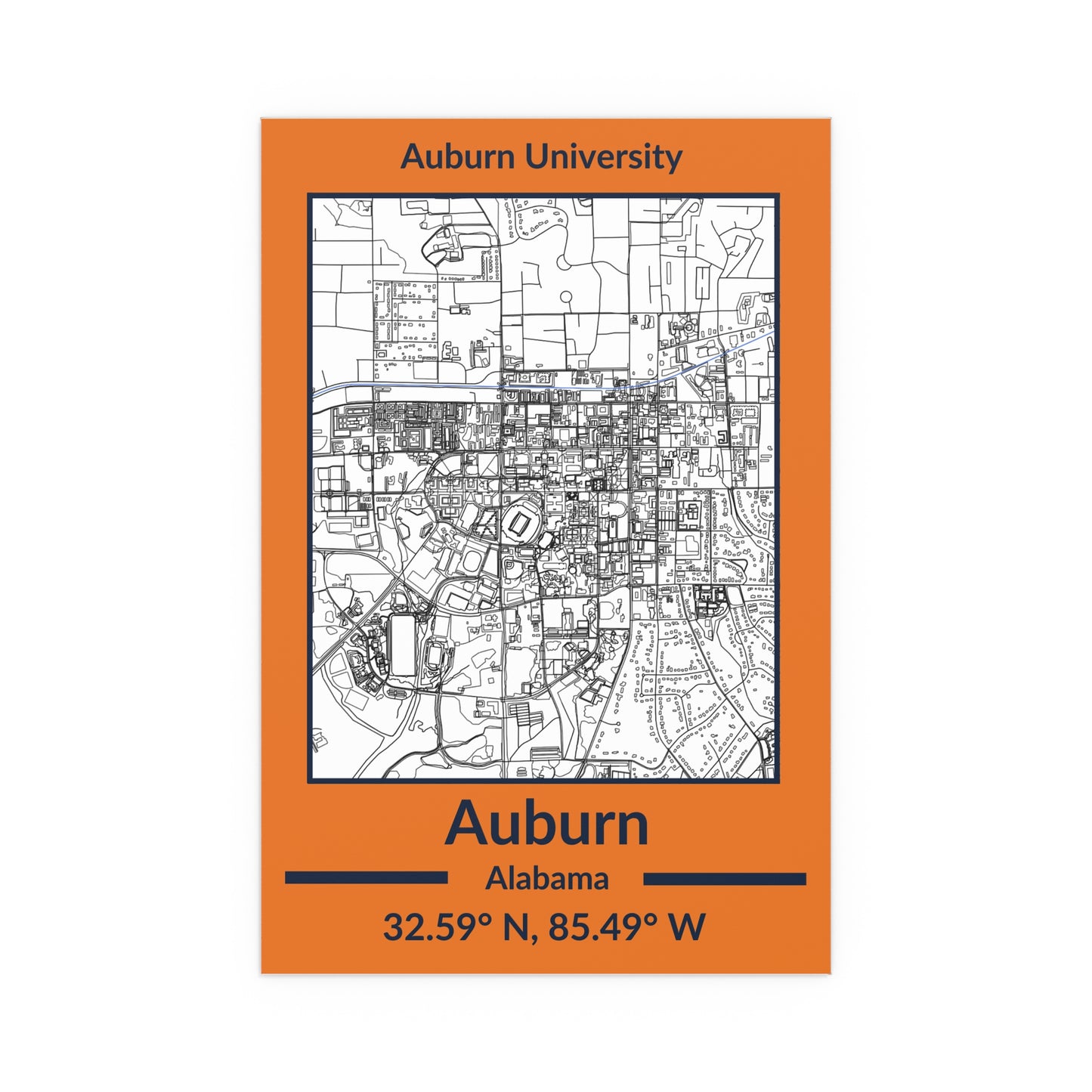 Map of Auburn, Alabama Poster no Frame (Team Colors)