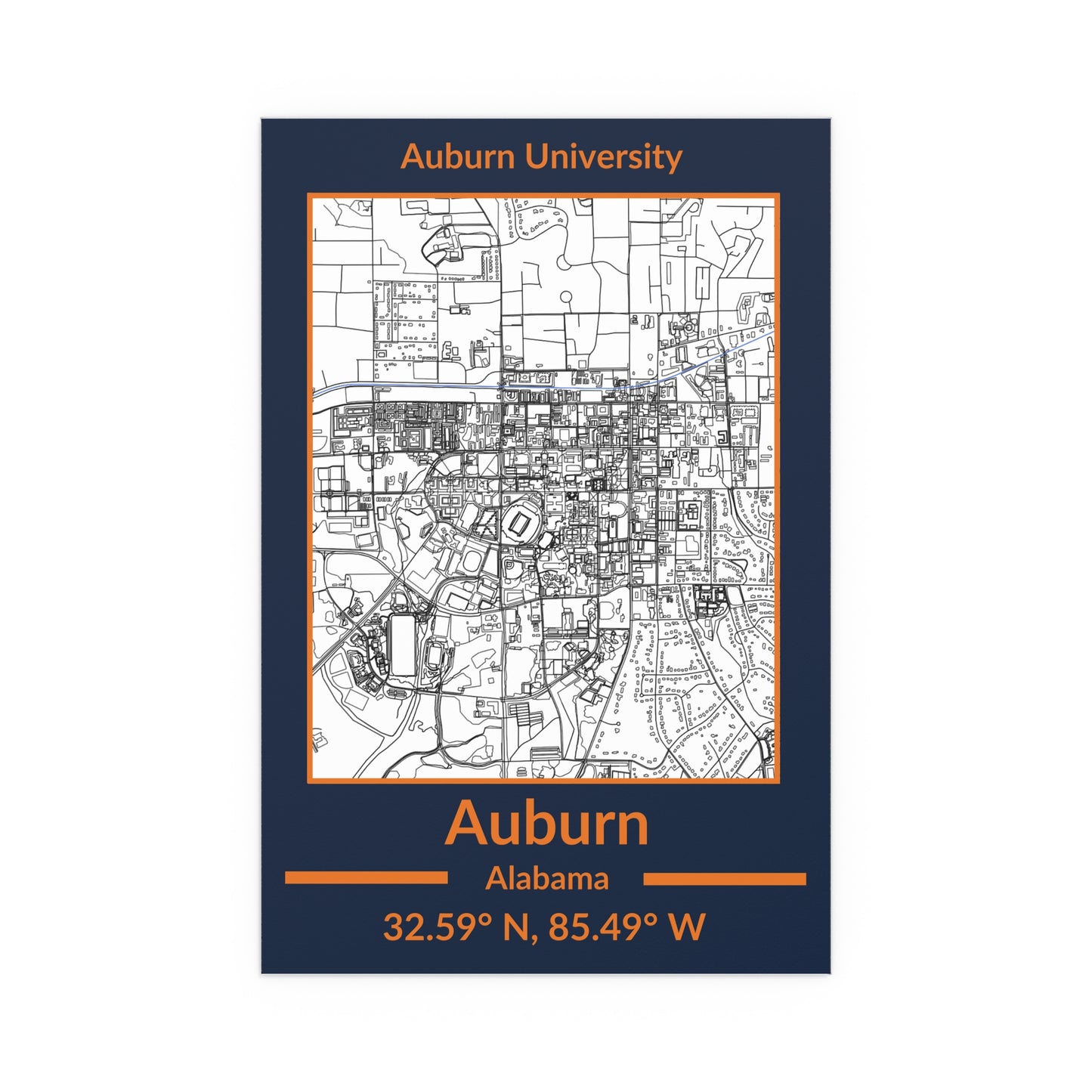 Map of Auburn, Alabama Poster no Frame (Team Colors)