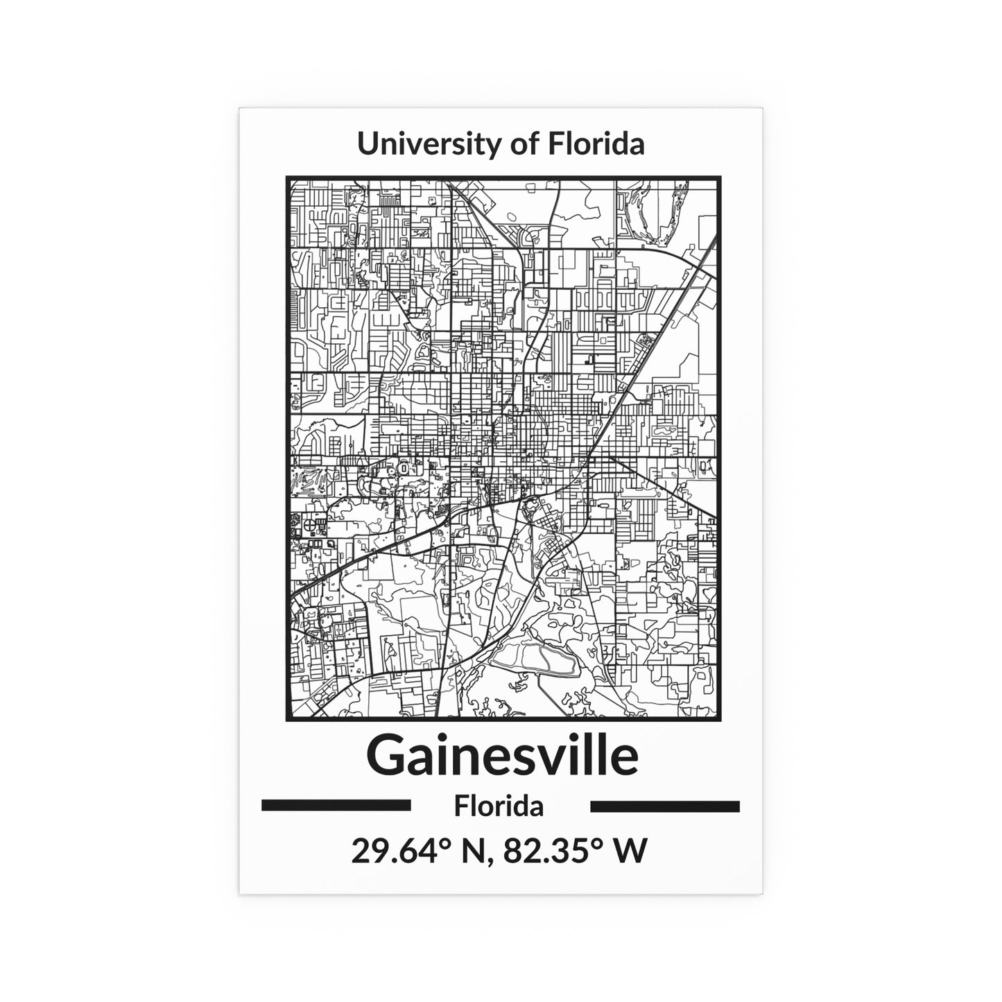 Map of Gainesville, Florida Poster no Frame (Black and White)