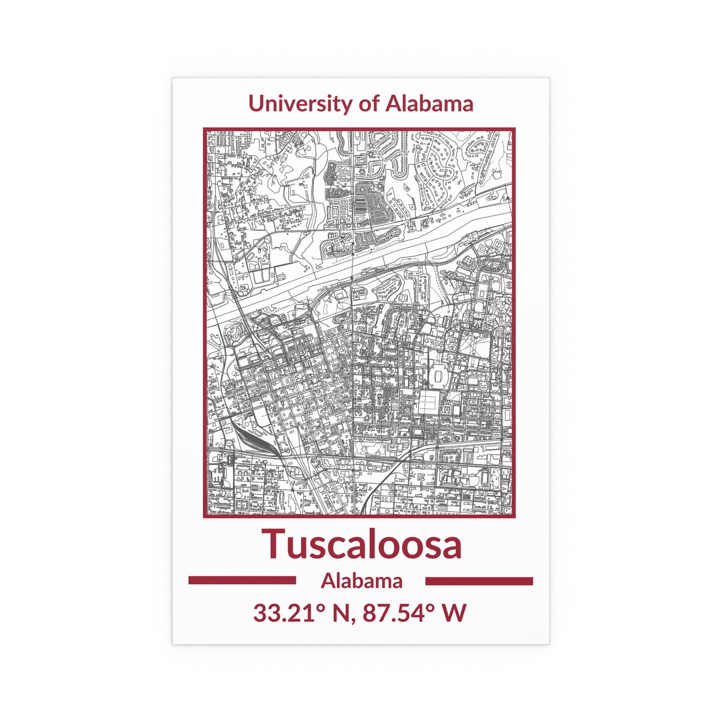 Map of Tuscaloosa, Alabama Poster no Frame (Team Colors)