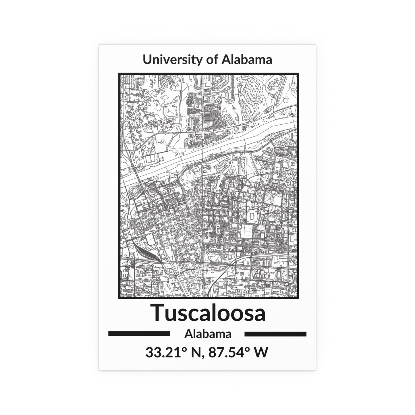 Map of Tuscaloosa, Alabama Poster no Frame (Black and White)