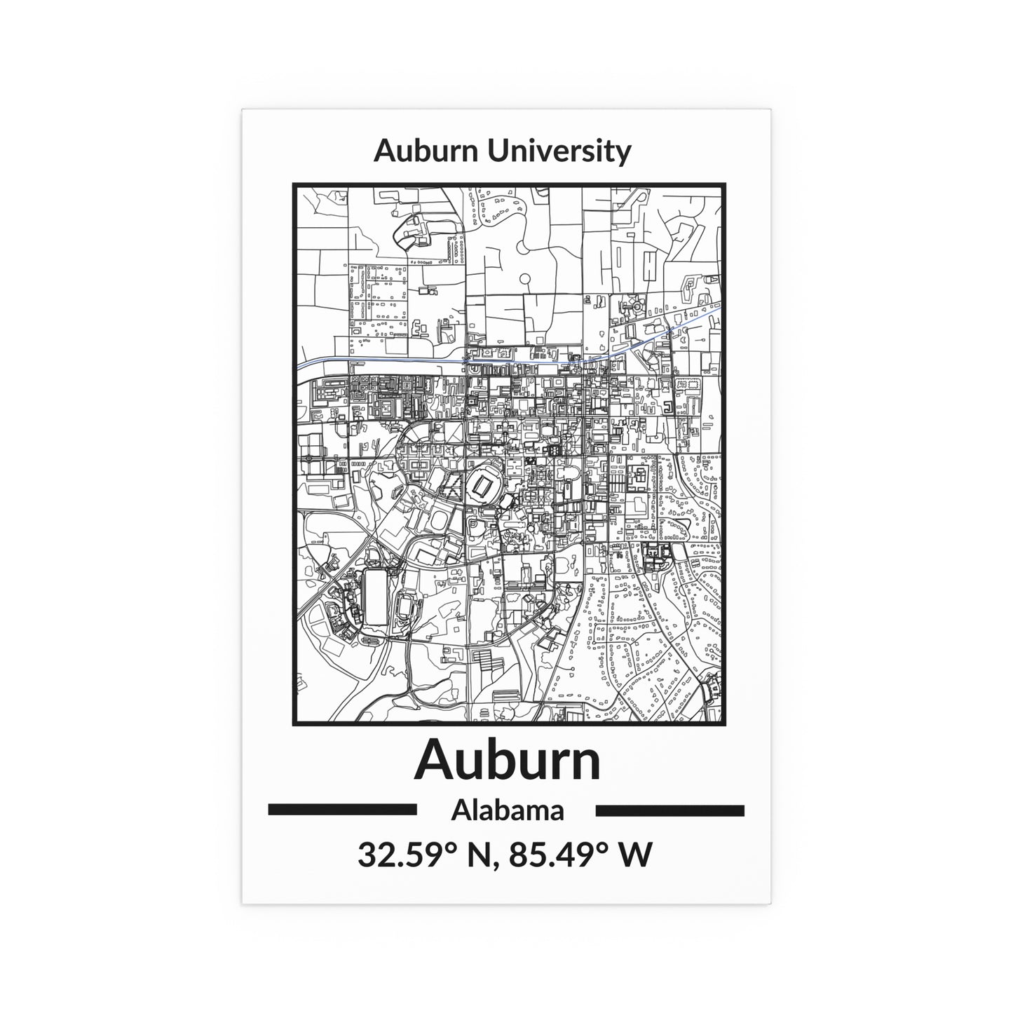 Map of Auburn, Alabama Poster no Frame (Black and White)