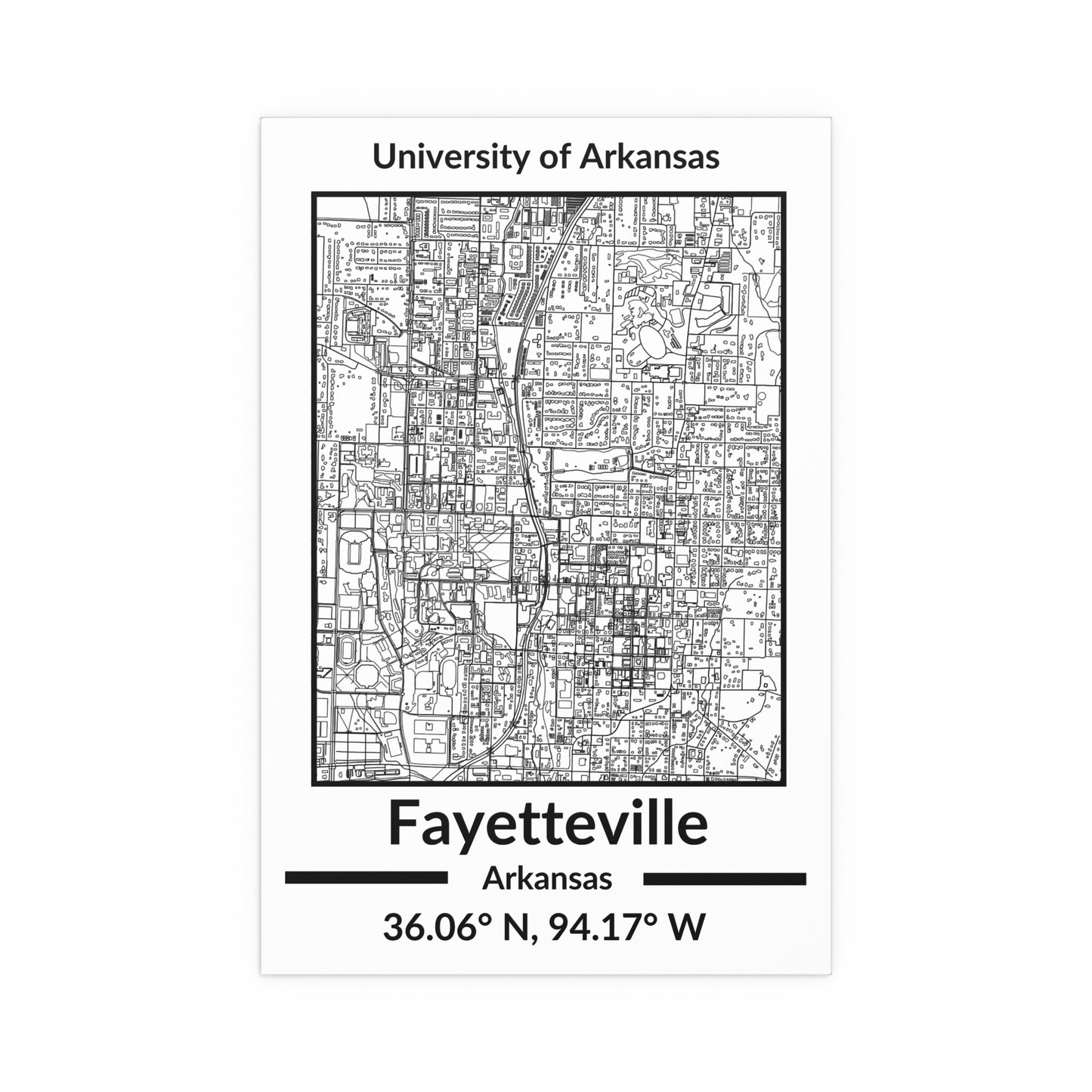 Map of Fayetteville, Arkansas Poster no Frame (Black and White)