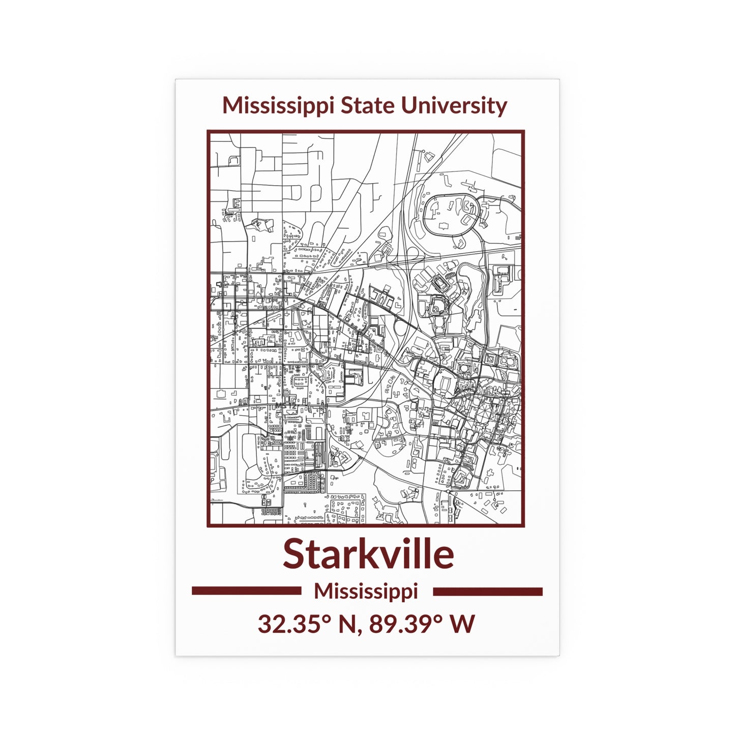 Map of Starkville, Mississippi Poster no Frame (Team Colors)