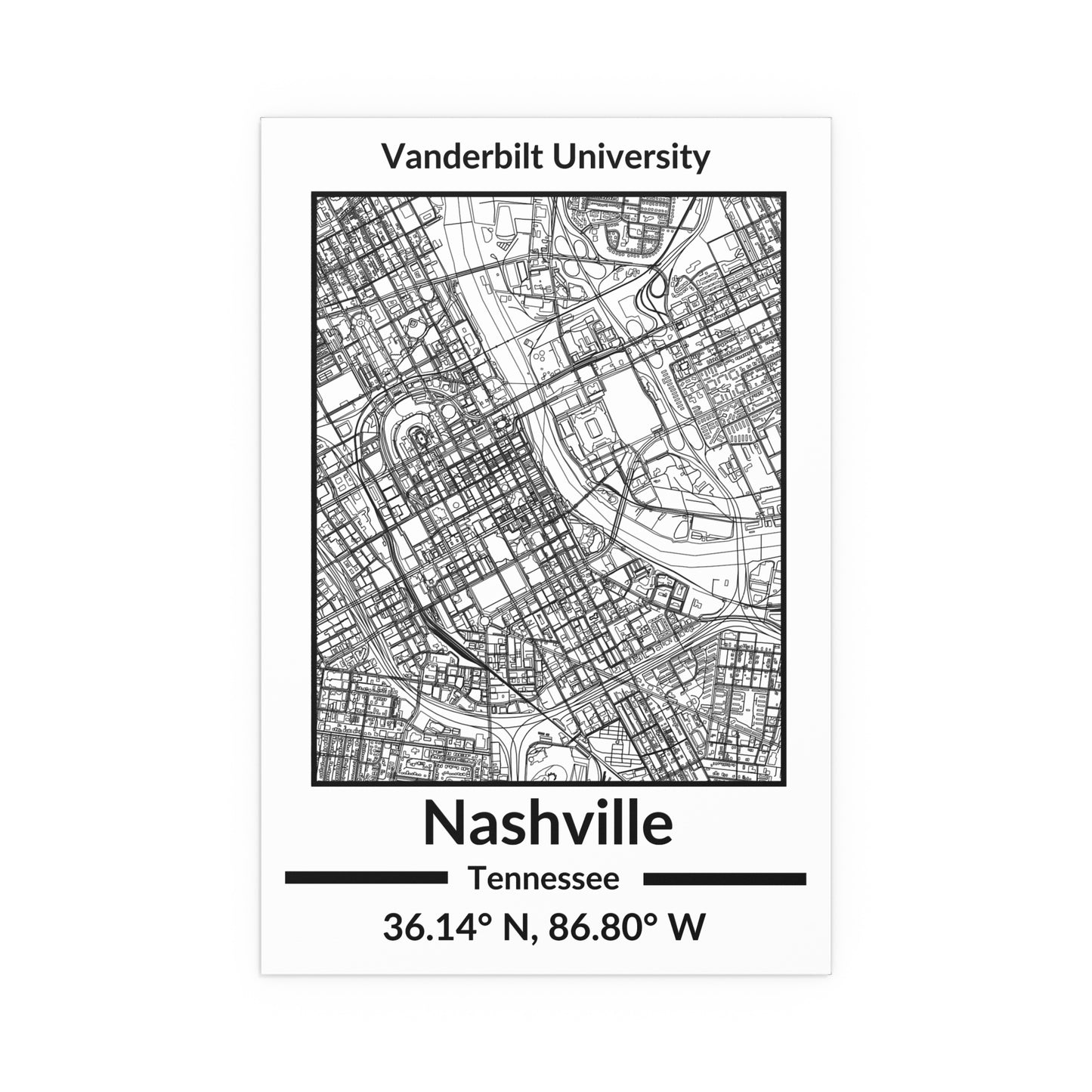 Map of Nashville, Tennessee Poster no Frame (Black and White)